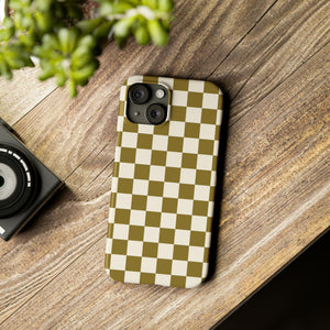 Slim Checkered Phone Case in Olive & Cream