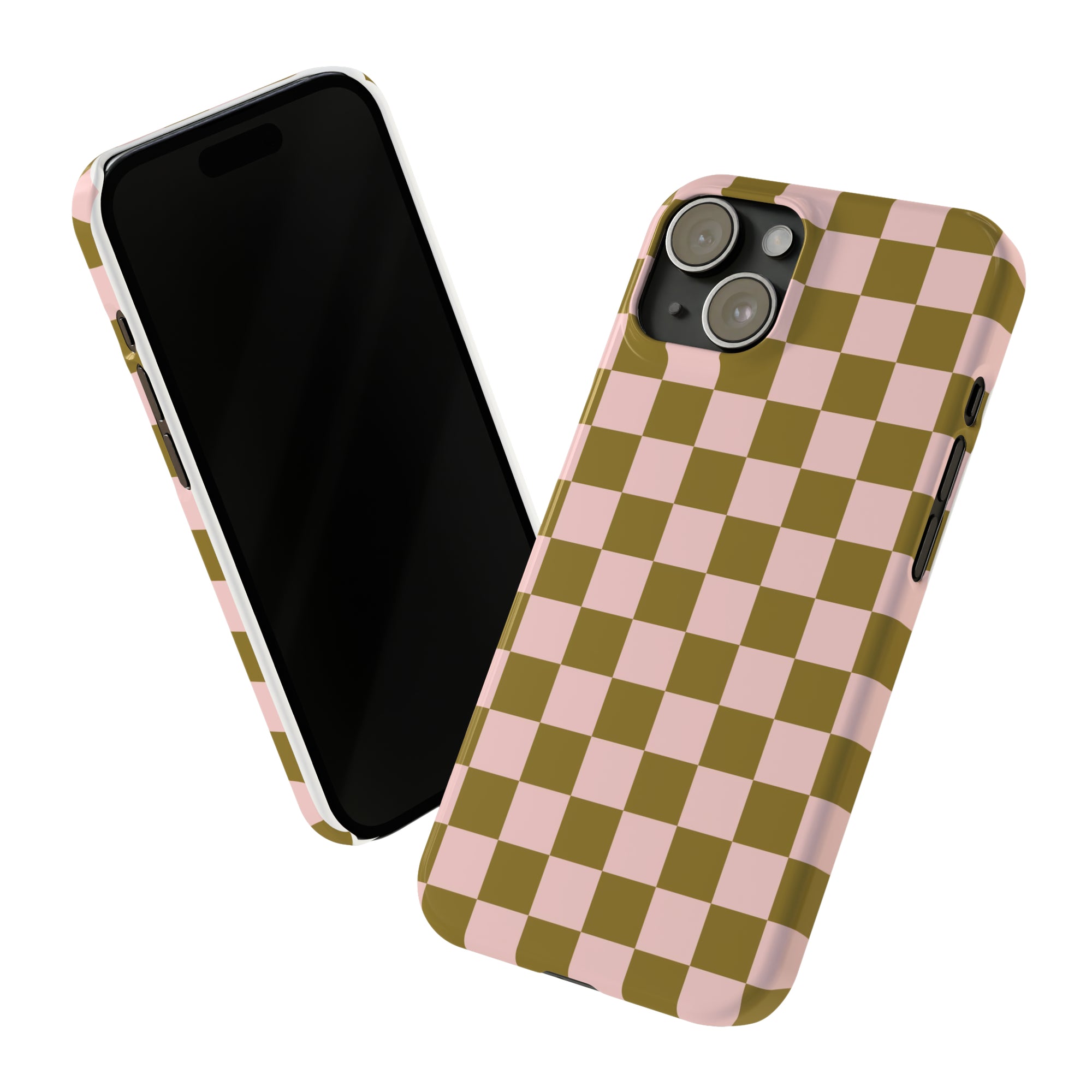 Slim Checkered Phone Case in Olive & Pink