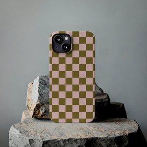 Slim Checkered Phone Case in Olive & Pink